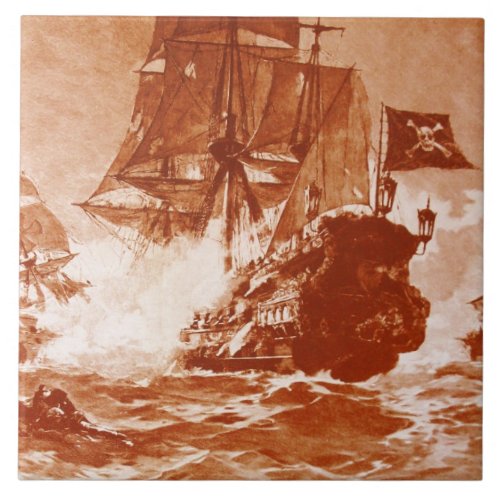 PIRATE SHIP BATTLE IN brown sepia Ceramic Tile