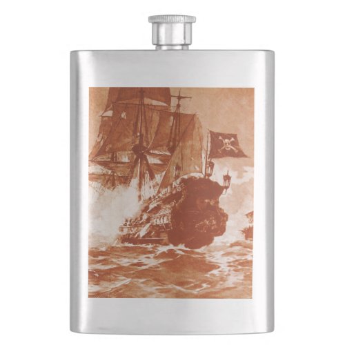 PIRATE SHIP BATTLE IN brown sepia Hip Flask