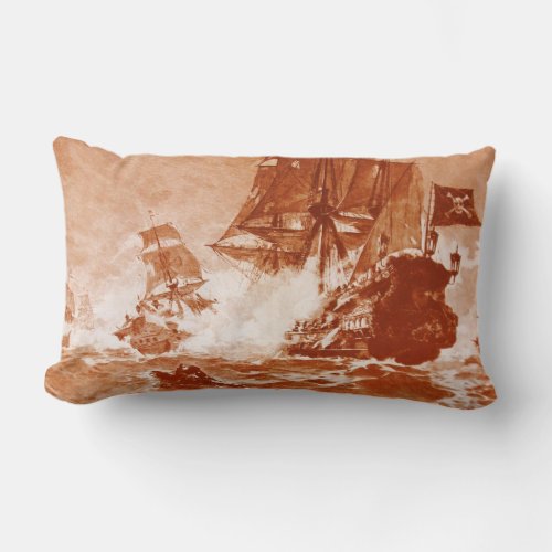 PIRATE SHIP BATTLE IN brown sepia Lumbar Pillow