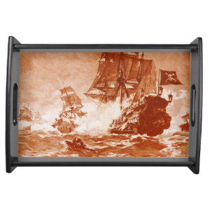 PIRATE SHIP BATTLE IN brown sepia Serving Tray