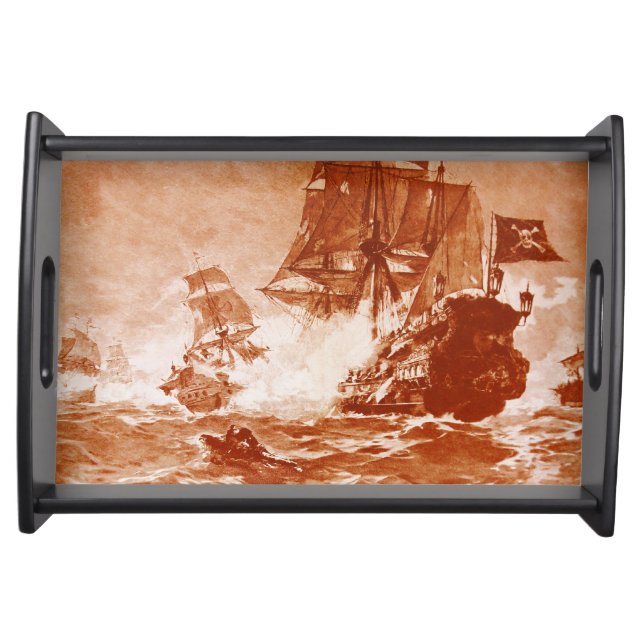 PIRATE SHIP BATTLE IN brown sepia Serving Tray (Front)