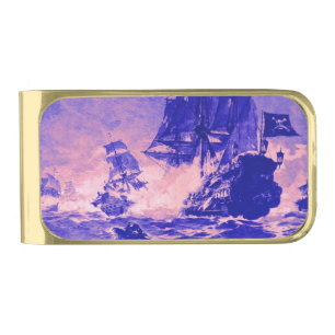 PIRATE SHIP BATTLE IN purple blue Gold Finish Money Clip