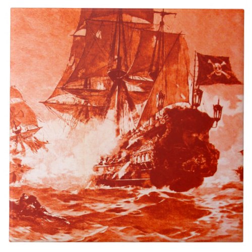 PIRATE SHIP BATTLE IN red Ceramic Tile
