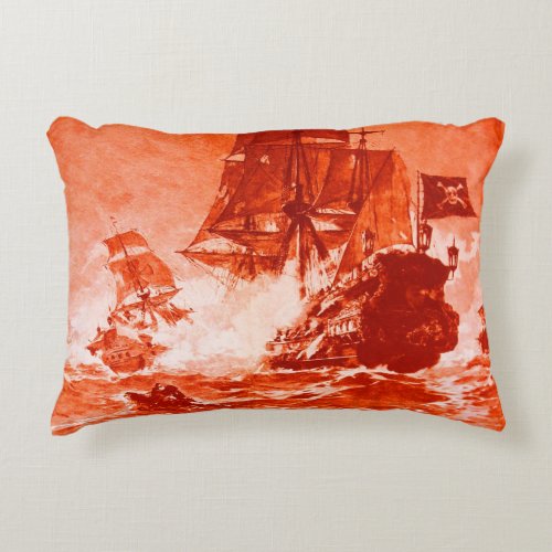 PIRATE SHIP BATTLE IN red Decorative Pillow