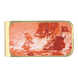 PIRATE SHIP BATTLE IN red Gold Finish Money Clip