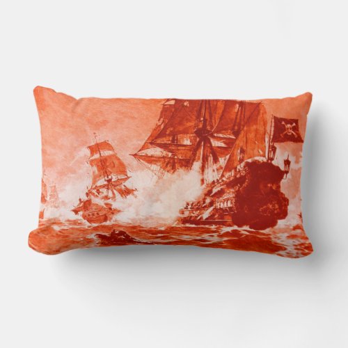 PIRATE SHIP BATTLE IN red Lumbar Pillow