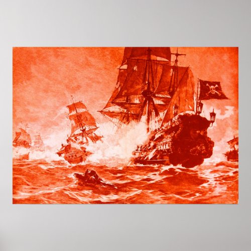 PIRATE SHIP BATTLE IN RED POSTER