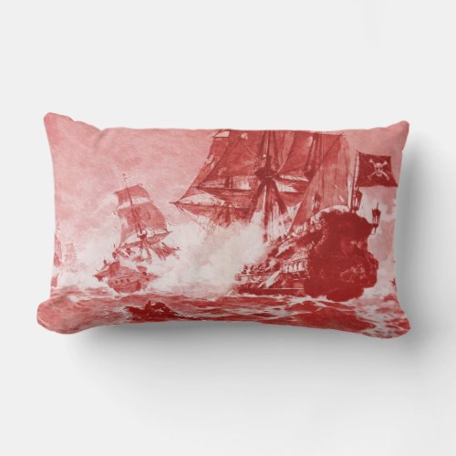 PIRATE SHIP BATTLE IN red purple Lumbar Pillow