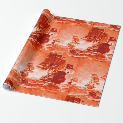 PIRATE SHIP BATTLE IN RED WRAPPING PAPER