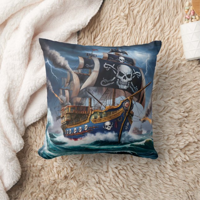 Pirate Ship Battling Stormy Seas at Dusk Throw Pillow (Blanket)