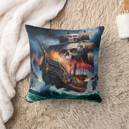 Pirate Ship Battling Stormy Seas at Dusk Throw Pillow