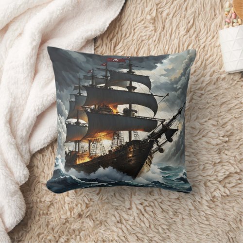 Pirate Ship Battling Stormy Seas at Dusk Throw Pillow