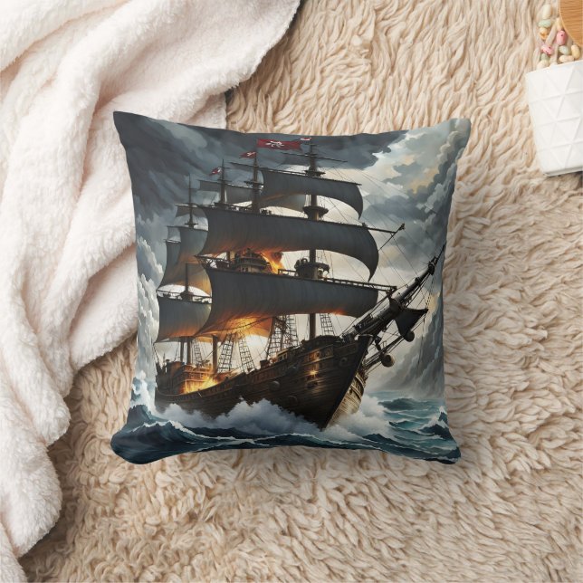 Pirate Ship Battling Stormy Seas at Dusk Throw Pillow (Blanket)