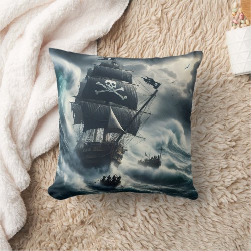 Pirate Ship Battling Stormy Seas at Dusk Throw Pillow