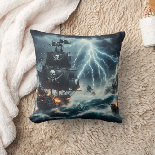 Pirate Ship Battling Stormy Seas at Night Throw Pillow