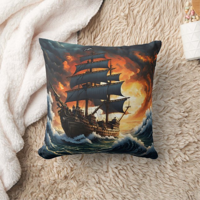 Pirate Ship Battling Stormy Seas at Sunset Throw Pillow (Blanket)