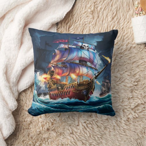 Pirate Ship Battling Waves at Dusk Throw Pillow