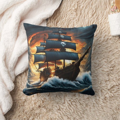 Pirate Ship Battling Waves at Dusk Throw Pillow