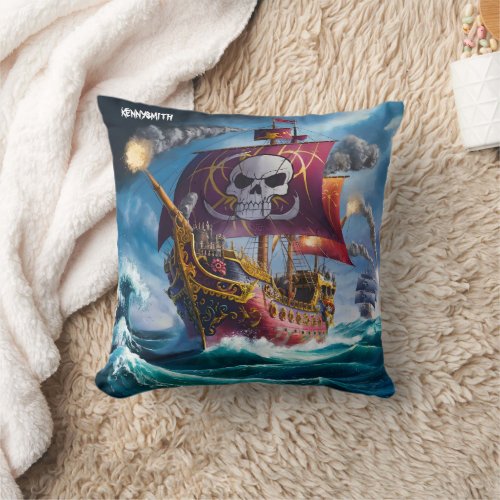 Pirate Ship Battling Waves During Stormy Weather Throw Pillow