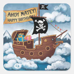 Pirate Ship Birthday Card - Ahoy Matey! Square Sticker