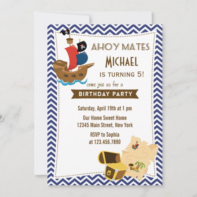 Pirate Ship Birthday Invitation Blue (Front)