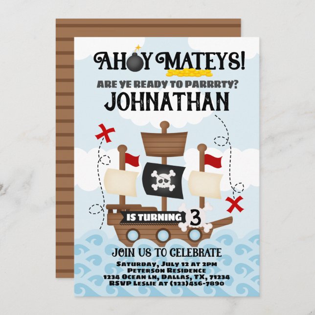 Pirate Ship Birthday Party Invitation Invite (Front/Back)