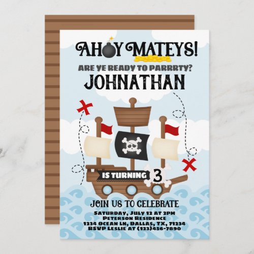 Pirate Ship Birthday Party Invitation Invite