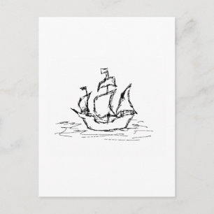 Pirate Ship. Black and White. Postcard