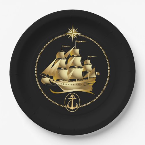 Pirate ship black  gold birthday plate