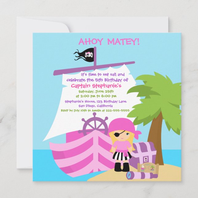 Pirate Ship Blonde Girl Birthday Party Invitation (Front)