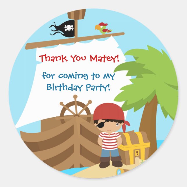 Pirate Ship Boy Birthday Thank You Sticker (Front)