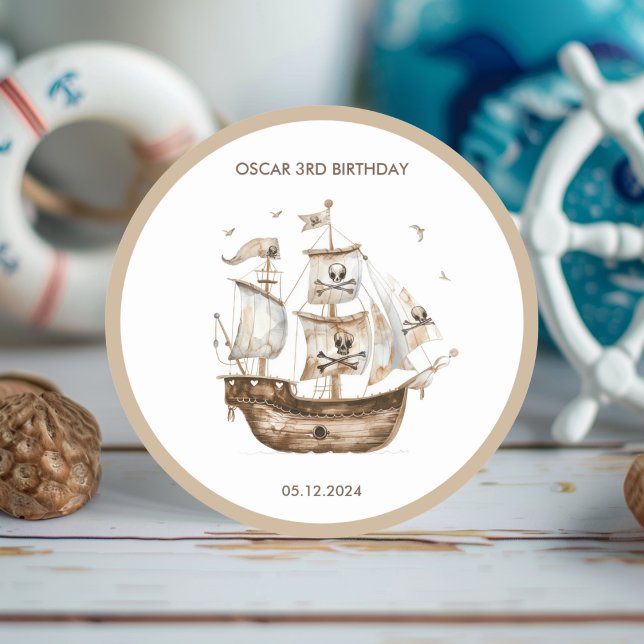 Pirate Ship Brown Nautical Theme Birthday Classic Round Sticker (Creator Uploaded)