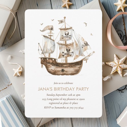 Pirate Ship Brown Nautical Theme Birthday Invitation