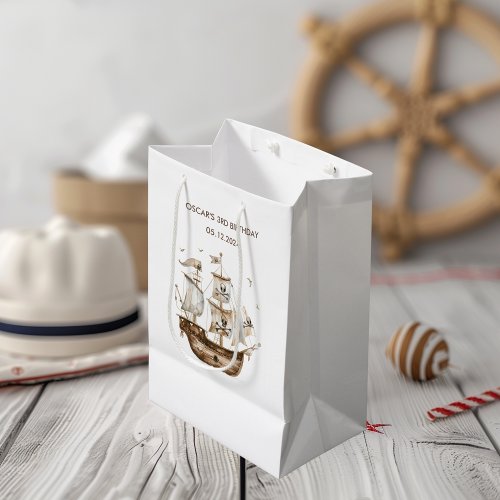 Pirate Ship Brown Nautical Theme Birthday Medium Gift Bag