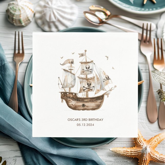 Pirate Ship Brown Nautical Theme Birthday Napkins (Creator Uploaded)