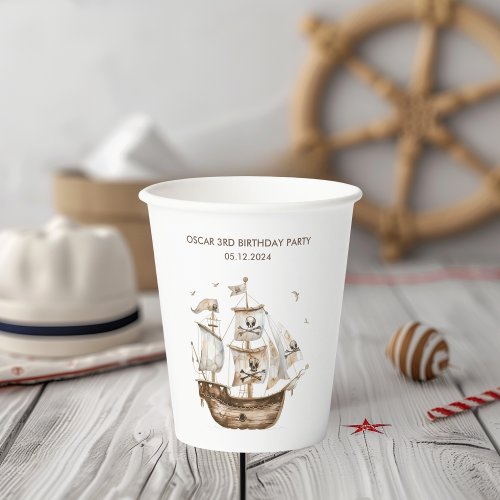Pirate Ship Brown Nautical Theme Birthday Paper Cups