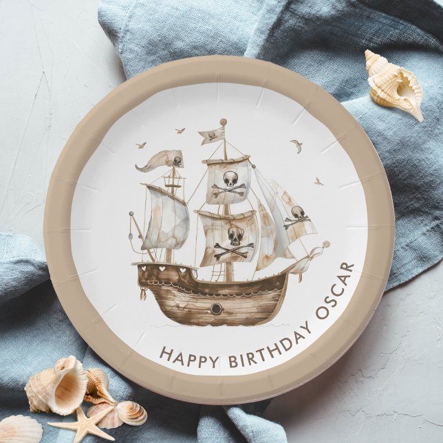 Pirate Ship Brown Nautical Theme Birthday Paper Plates (Creator Uploaded)