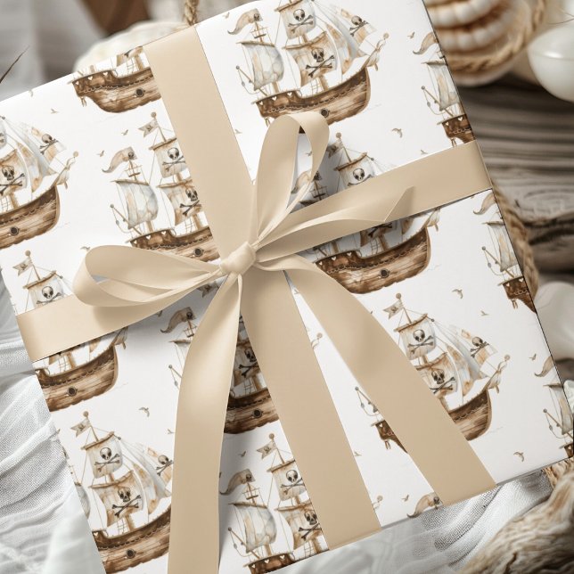 Pirate Ship Brown Nautical Theme Birthday Wrapping Paper (Creator Uploaded)