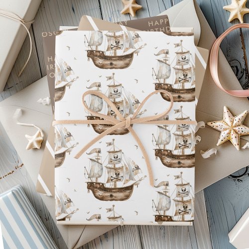 Pirate Ship Brown Nautical Theme Birthday Wrapping Paper Sheets