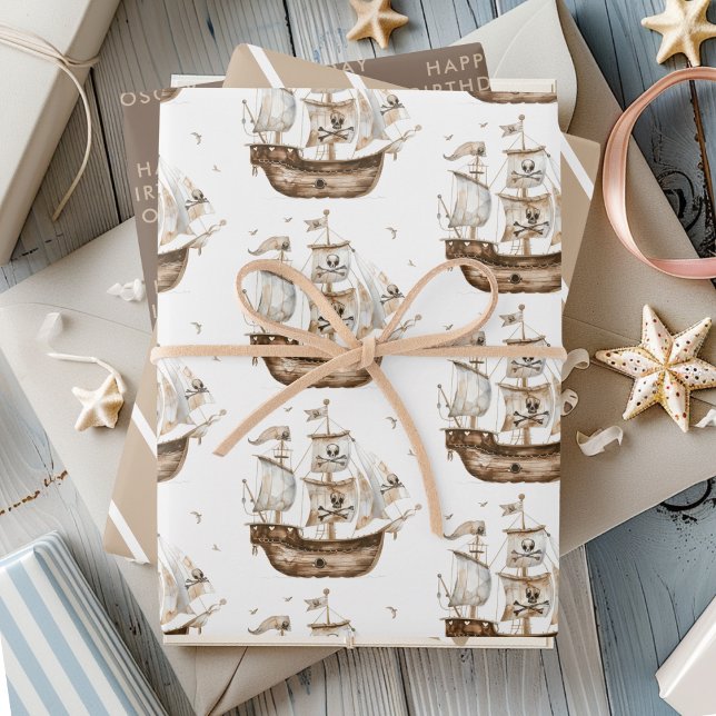 Pirate Ship Brown Nautical Theme Birthday Wrapping Paper Sheets (Creator Uploaded)