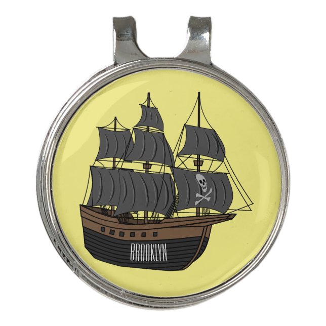 Pirate ship cartoon illustration  golf hat clip (Front)