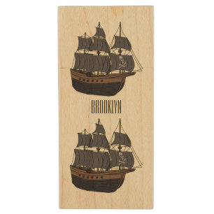 Pirate ship cartoon illustration  wood flash drive