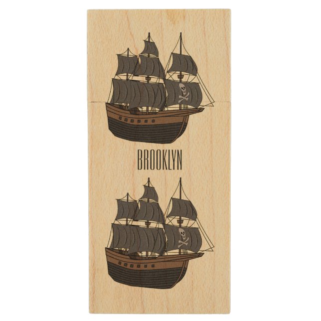 Pirate ship cartoon illustration  wood flash drive (Front Vertical)