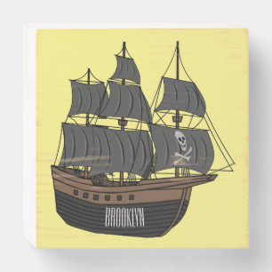 Pirate ship cartoon illustration  wooden box sign