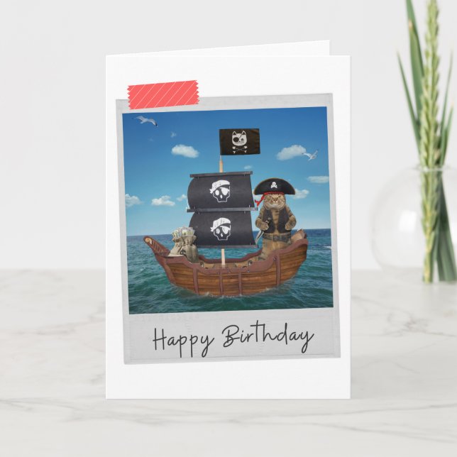 Pirate Ship Cat Funny Birthday Card (Front)
