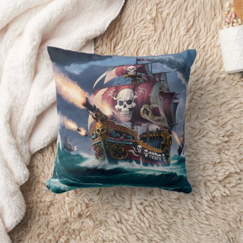 Pirate Ship Engaged in Battle at Sea Throw Pillow