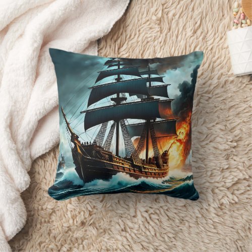 Pirate Ship Engaged in Battle Near Dark Clouds Throw Pillow