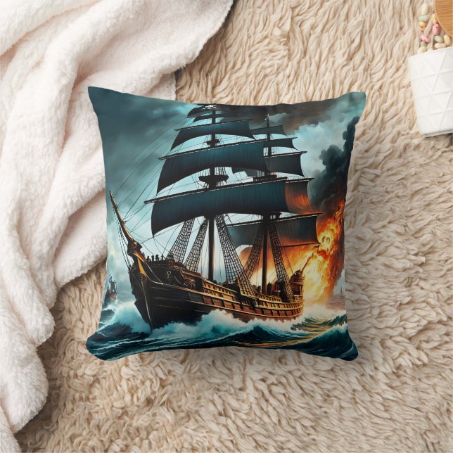 Pirate Ship Engaged in Battle Near Dark Clouds Throw Pillow (Blanket)