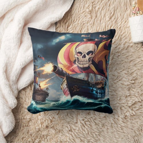 Pirate Ship Engages in Naval Battle With Cannons Throw Pillow