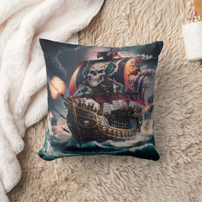 Pirate Ship Engaging in Battle on Stormy Seas Throw Pillow (Blanket)